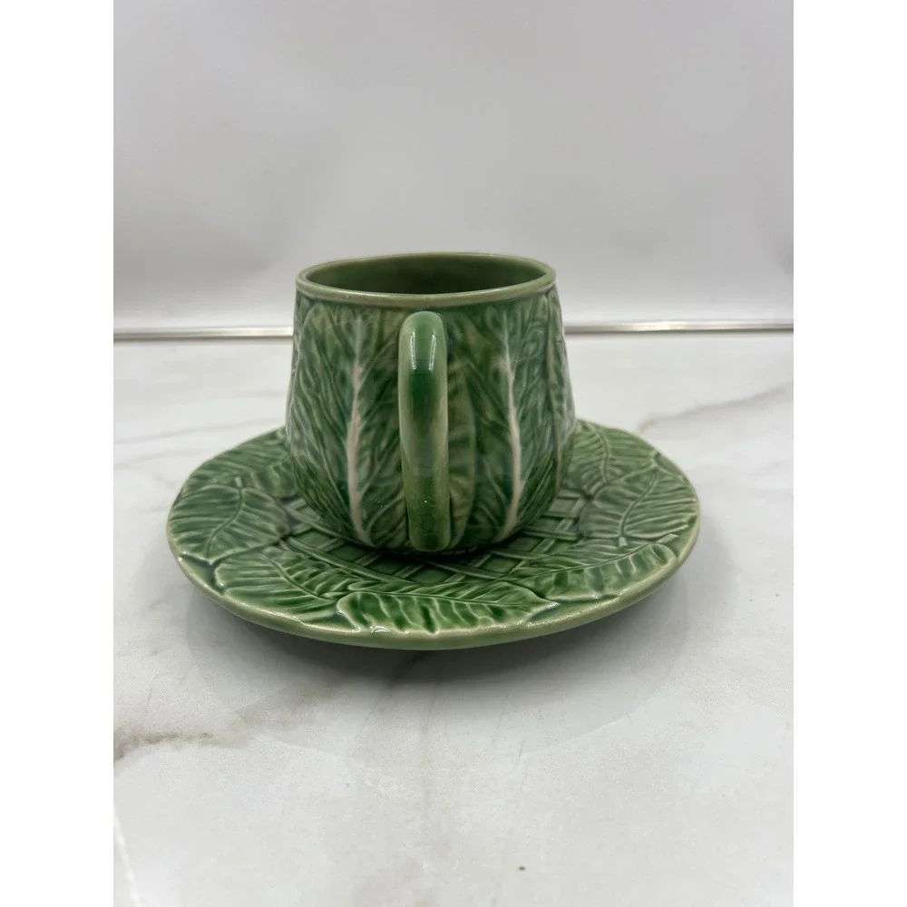 Bordallo Pinheiro Cabbage Green Tea Cup and Saucer Set Made in Portugal Ceramic